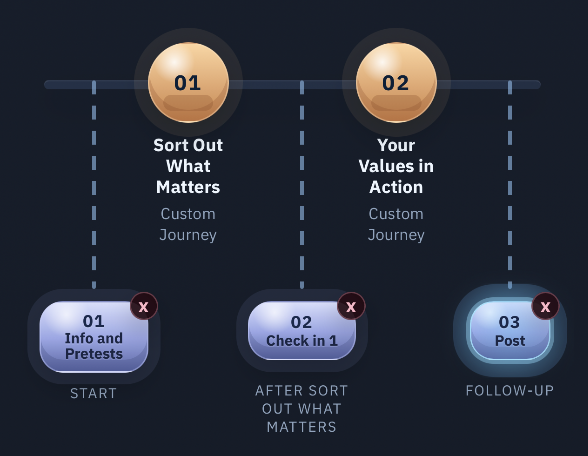 Survey Plus mobile builder view showing activities and surveys in a guided journey.